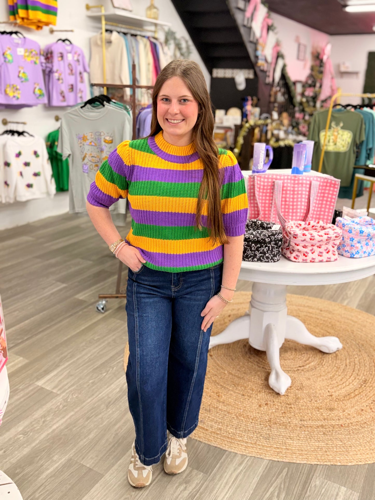 Mardi Gras Stripe Sweater Top