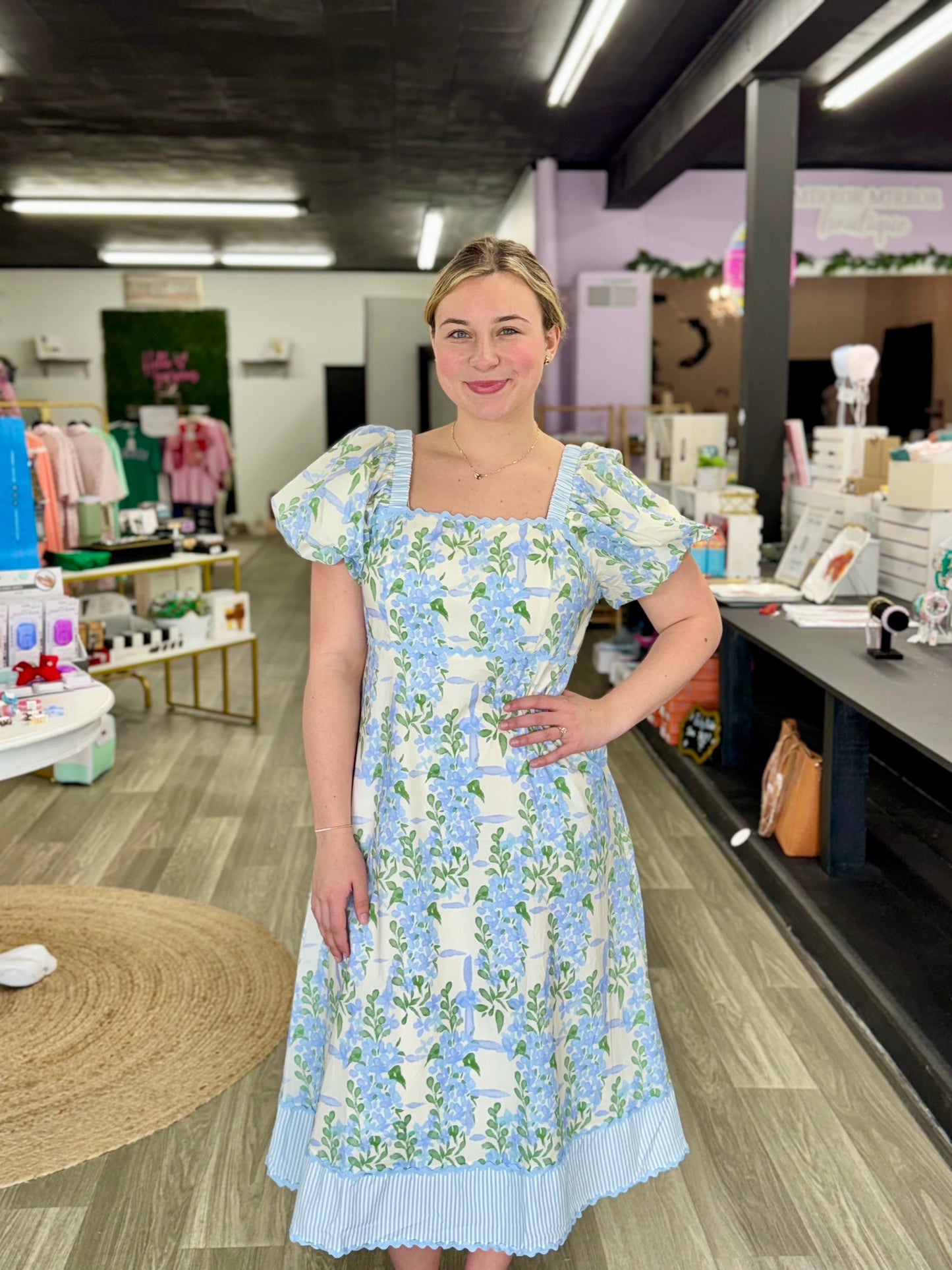 Blue Floral Scalloped Midi Dress