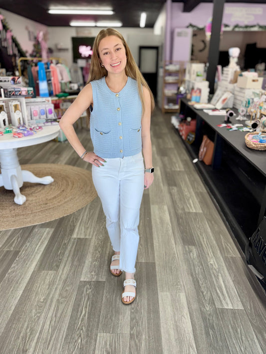 Ice Blue Button Down Knit Top