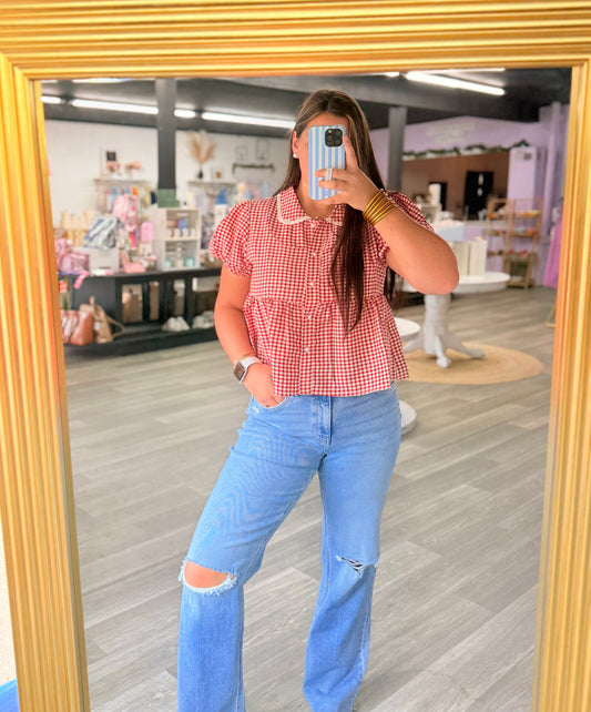 Red Checkered Collared Top
