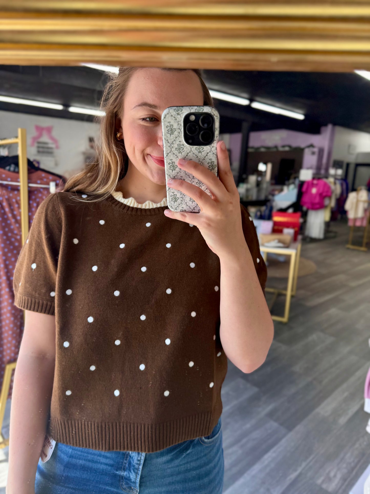Brown & Ivory Scalloped Polka Dot Top