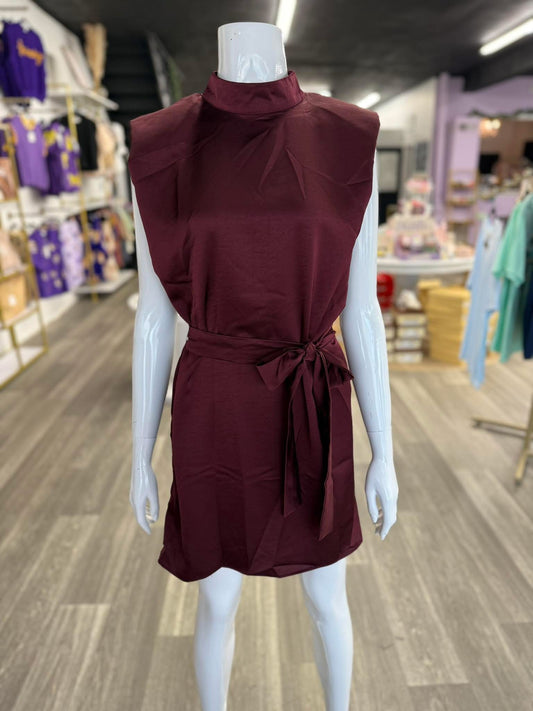 Burgundy Mock Neck Satin Dress