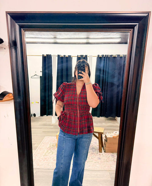 Red Plaid Zipper Top