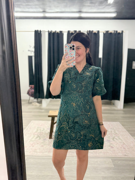 Teal Jacquard Shift Dress