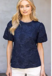 Navy Floral Textured Jacquard Top
