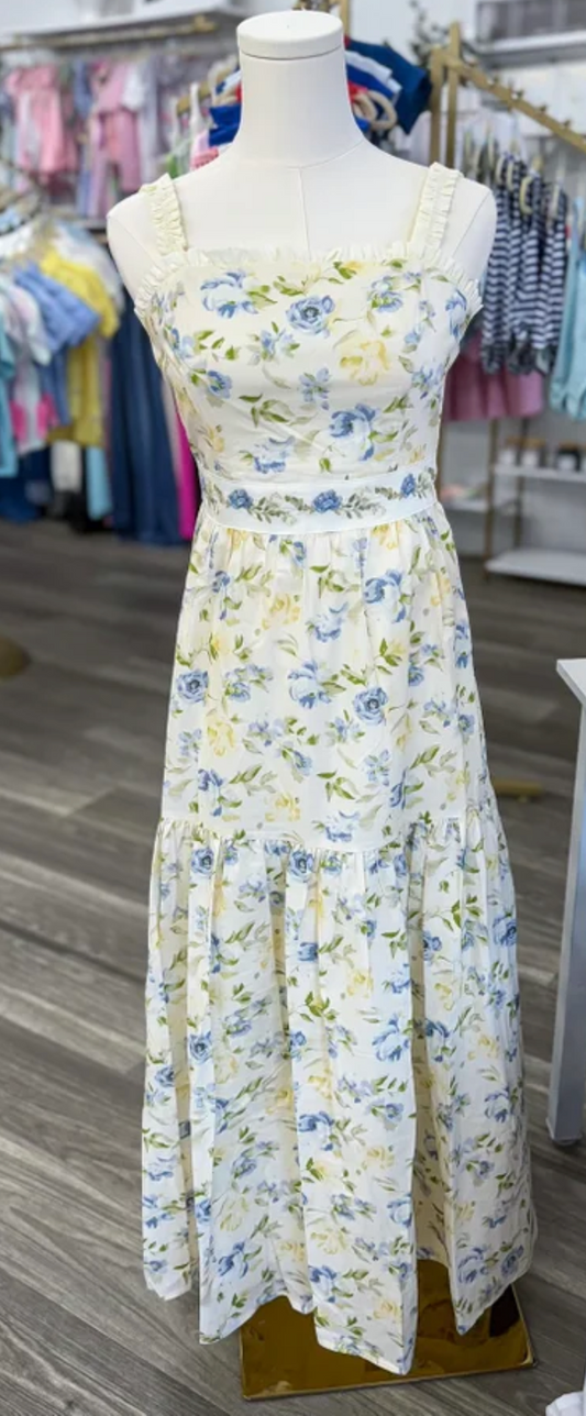 Blue & Yellow Floral Tiered Midi Dress