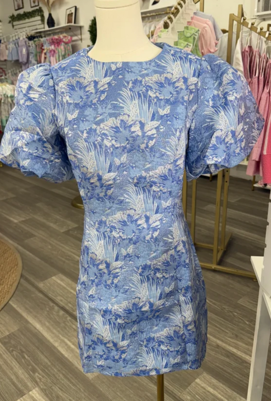 Blue Jacquard Puff Sleeve Dress