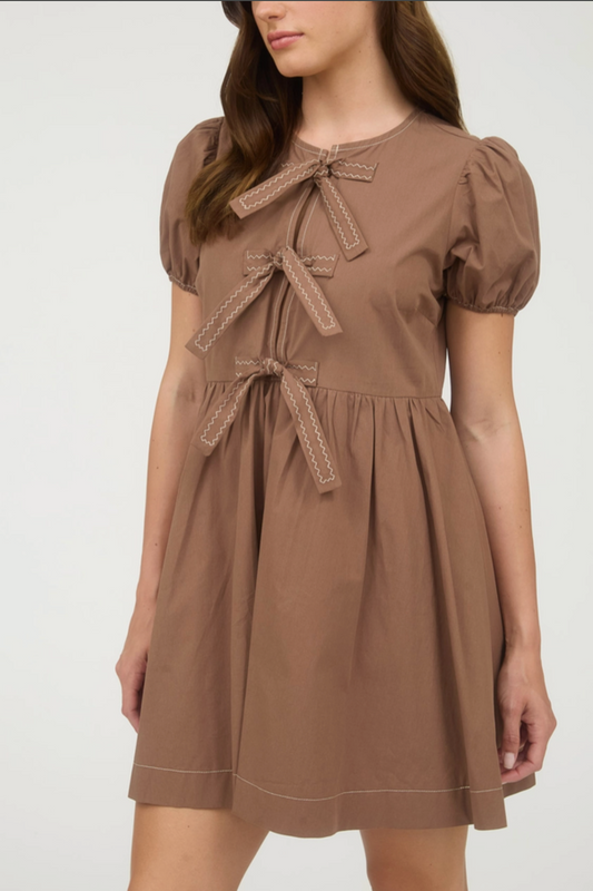 Brown Front Tie Babydoll Dress