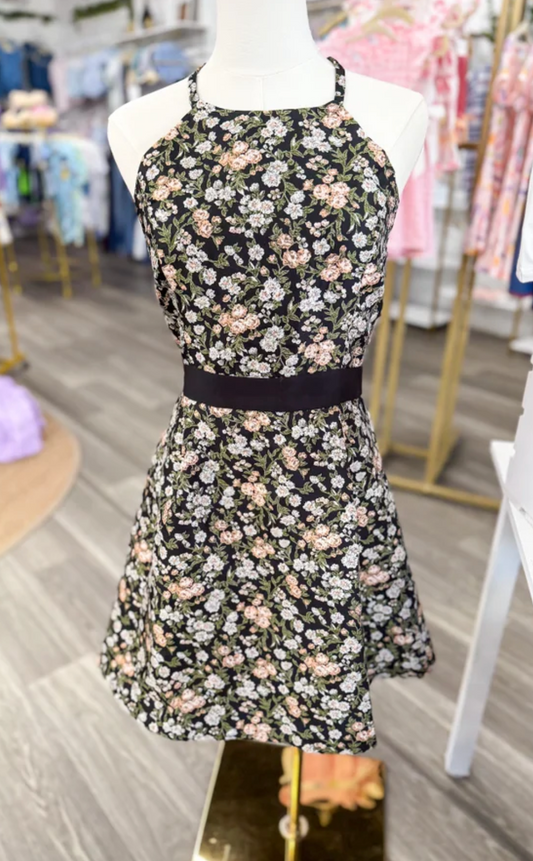 Black Bow Halter Jacquard Dress