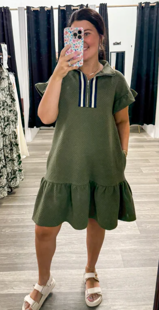 Olive Quilted 1/2 Zip Dress