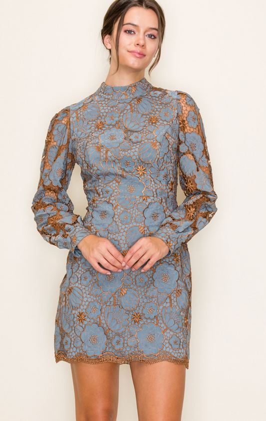 Dusty Blue/Bronze Long Sleeve Dress
