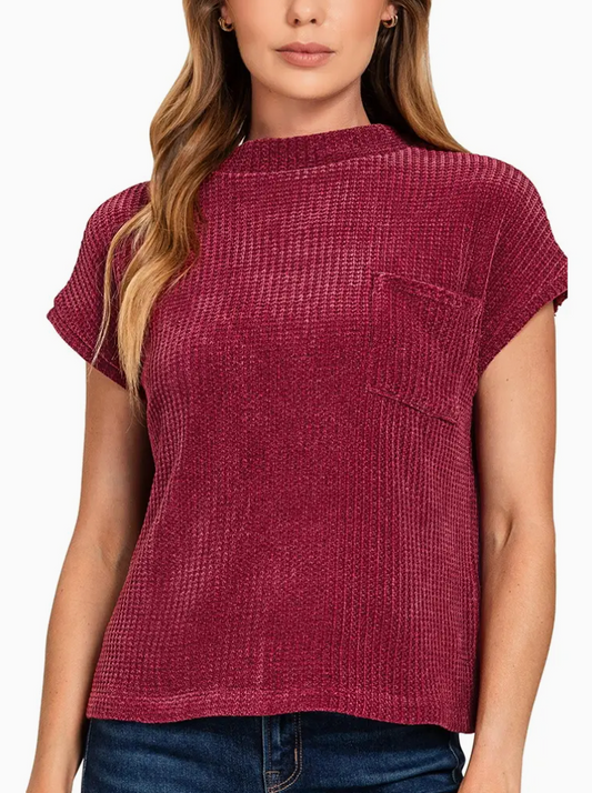 Burgundy Chenille Short Sleeve Sweater Top