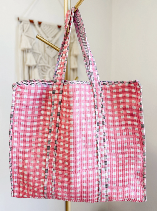 Pink Gingham Quilted Tote