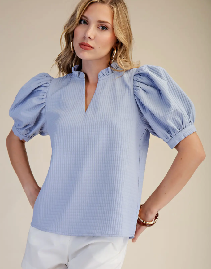 Ruffle V Neck Puff Sleeve Top