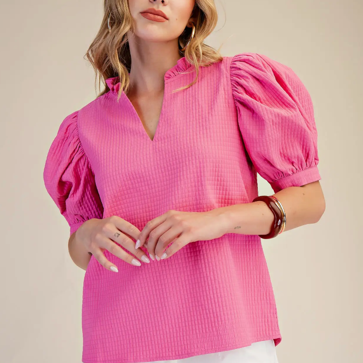 Ruffle V Neck Puff Sleeve Top
