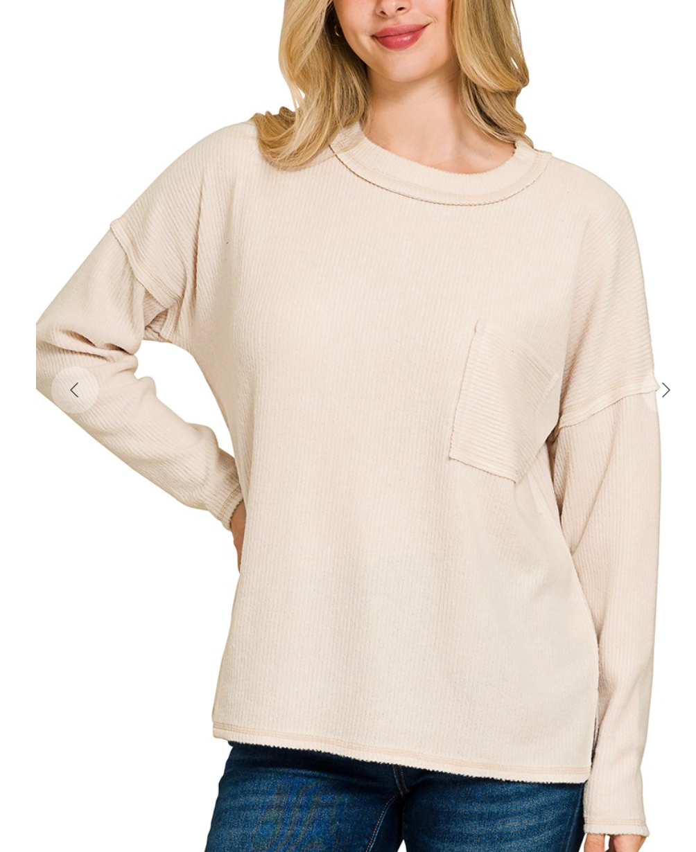 Ribbed Brushed Melange Pocket Top