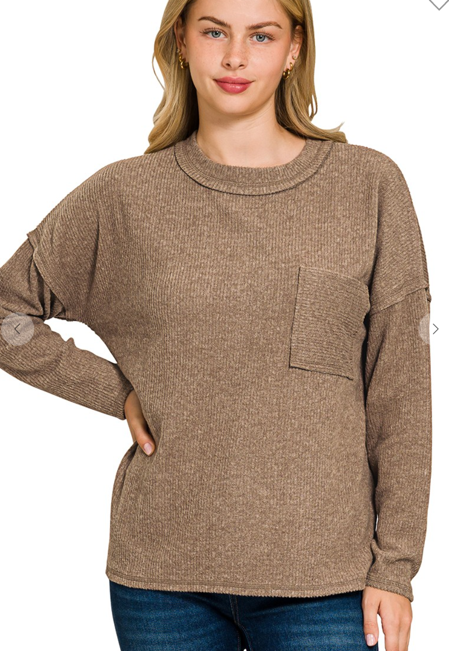 Ribbed Brushed Melange Pocket Top