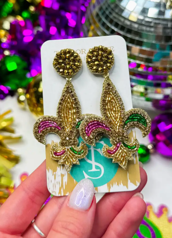 Beaded Mardi Gras Fleur De Lis Earrings