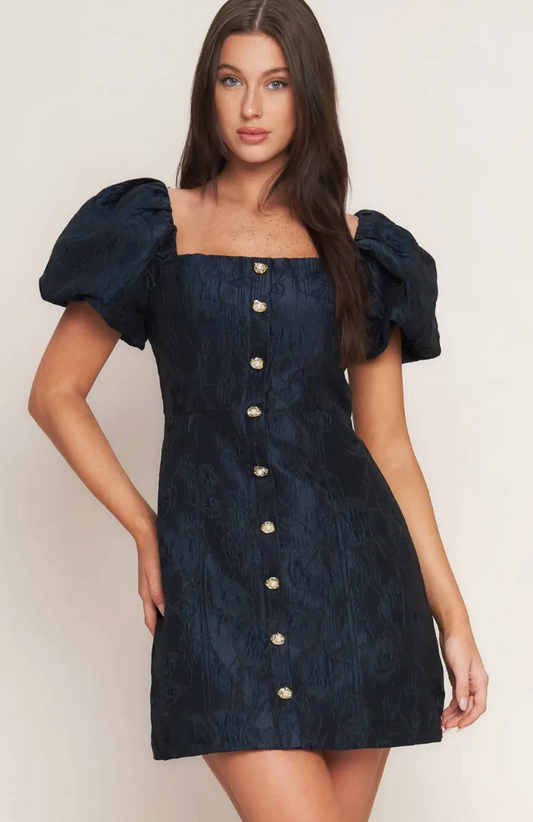 Navy Textured Pearl Button Dress