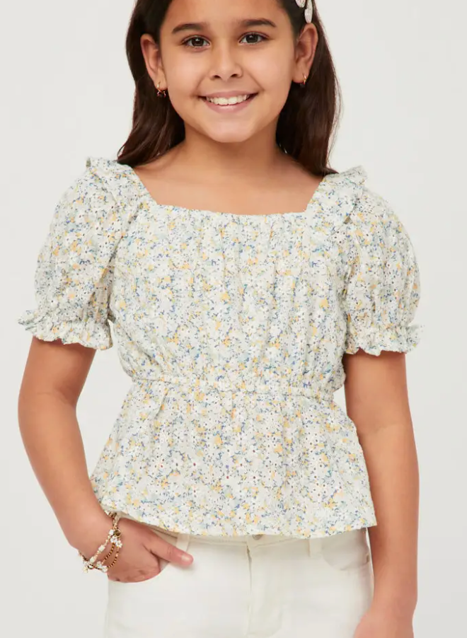 Tween Eyelet Ruffled Floral Peplum Top