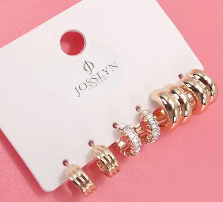 Baguette Stone Double Hoop Huggie Trio Earrings