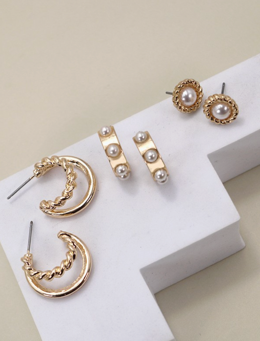 Gold Pearl Hoop Stud Trio Earrings