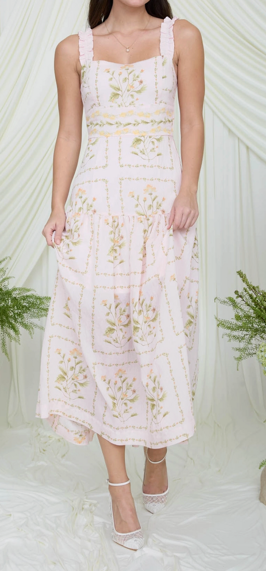 Pink Floral Drop Waist Midi Dress
