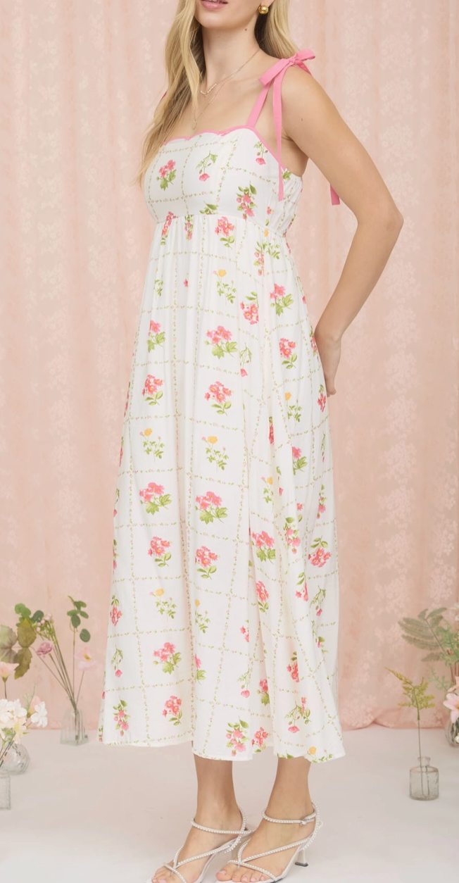 Floral Tile Printed Scalloped Midi Dress