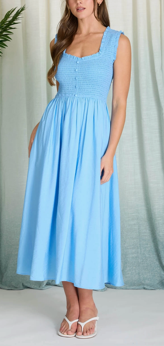 Blue Sweetheart Smocked Midi Dress