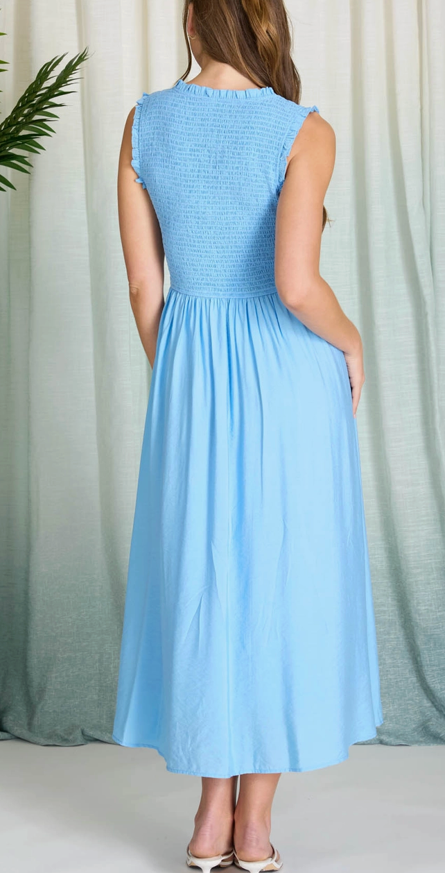 Blue Sweetheart Smocked Midi Dress