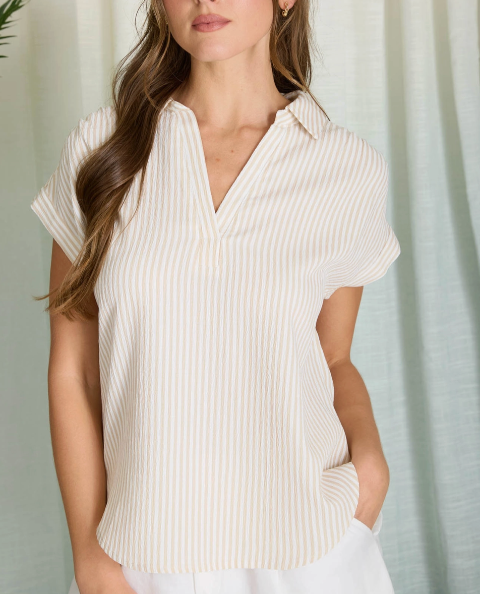 Khaki & White Striped Collar Top
