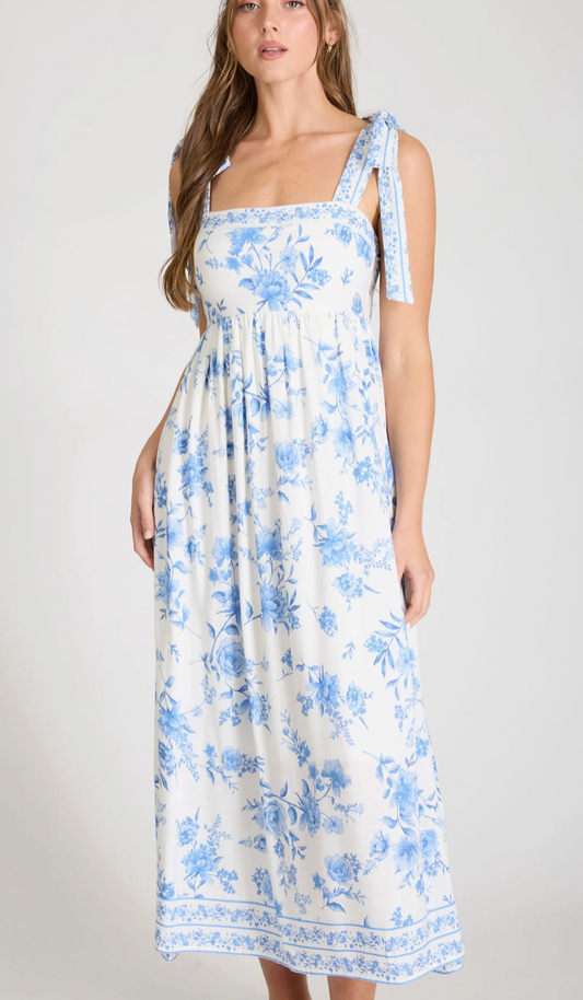 Blue Floral Empire Waist Midi Dress