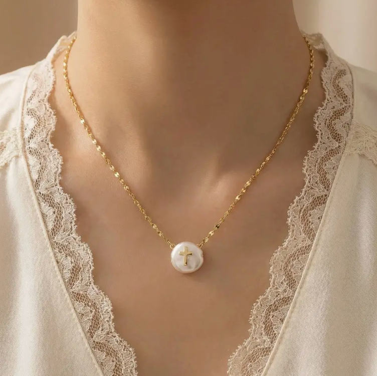 Cross On Pearl Pendant Necklace