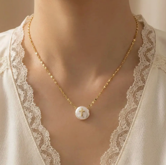 Cross On Pearl Pendant Necklace