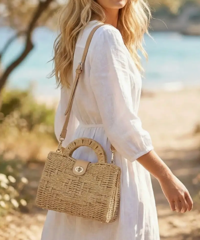 Natural Woven Straw Top Handle Bag
