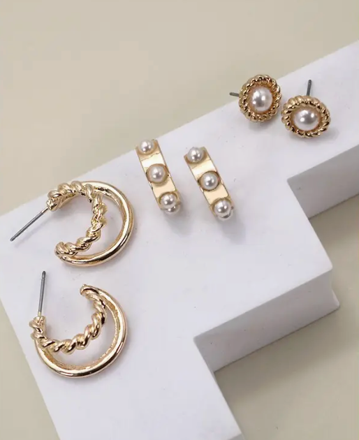 Gold Pearl Hoops Trio Earrings