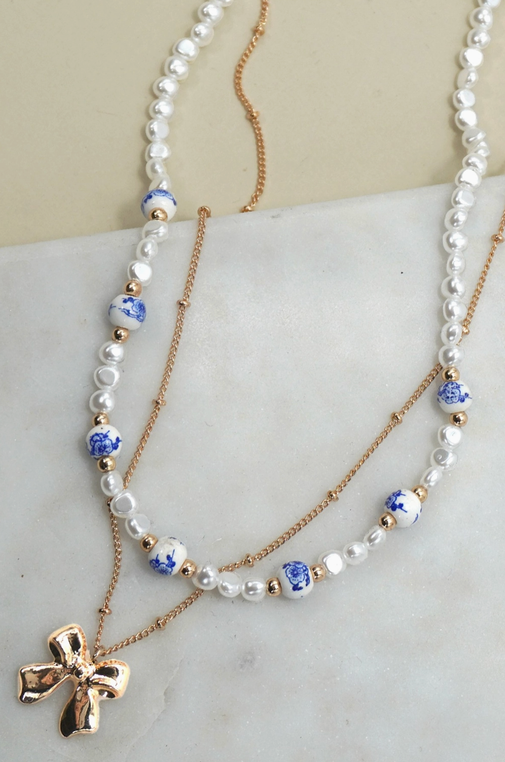 Blue Toile Pearl Bow Layer Necklace