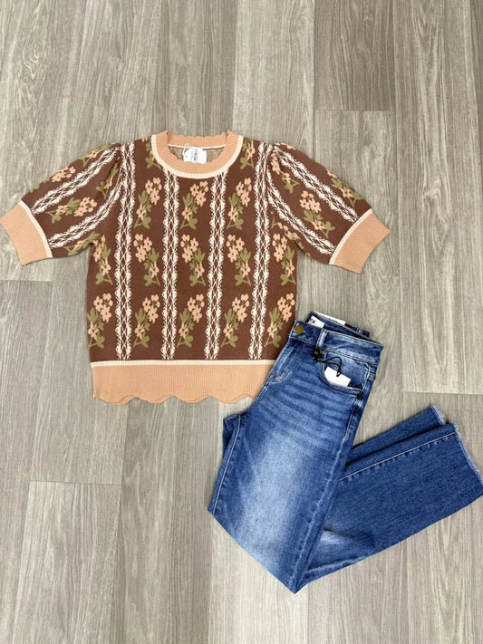 Brown Floral Sweater Top